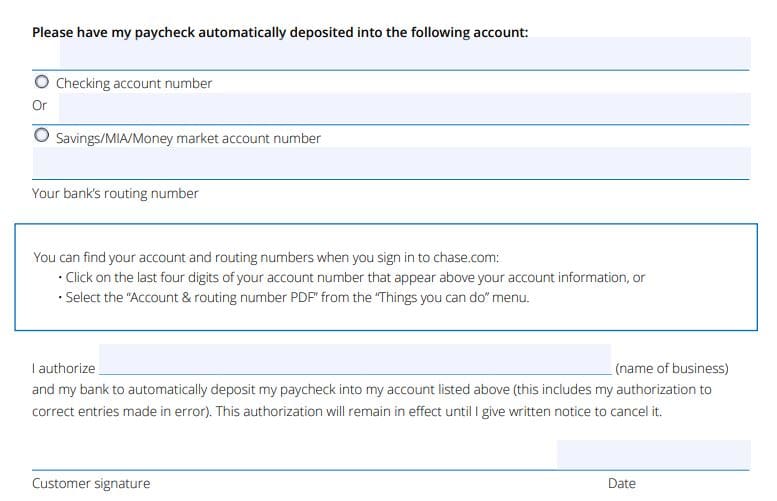chase bank direct deposit form step 4