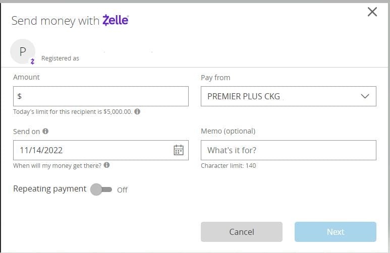 send with Zelle on Chase bank example