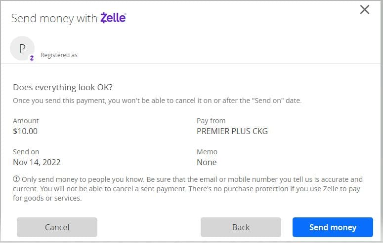 send with Zelle on Chase bank example