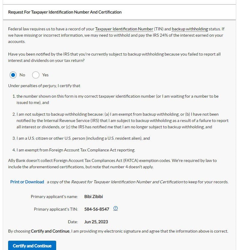 Ally CD Request For Taxpayer Identification Number And Certification