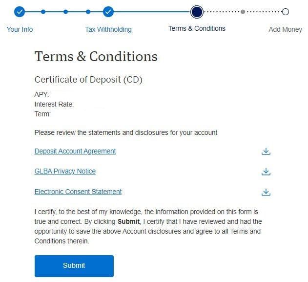 Amex CD application terms and conditions