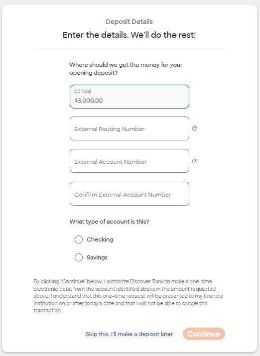 Discover CD application Set up your initial deposit