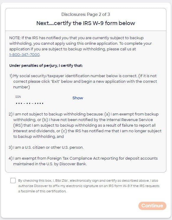 Discover CD certify the IRS W-9 form