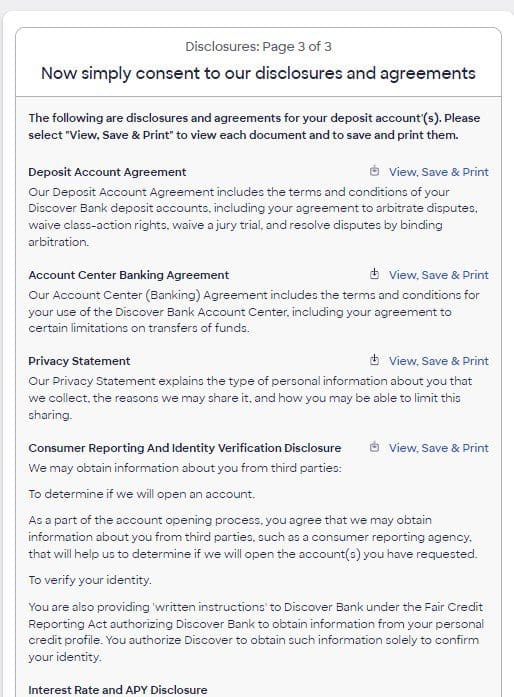 Discover CD disclosures and agreements