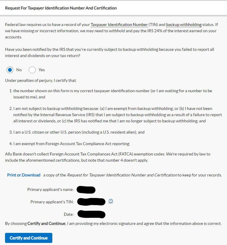 Taxpayer Identification when opening Ally Savings