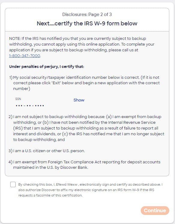 certify the IRS W-9 form discover application