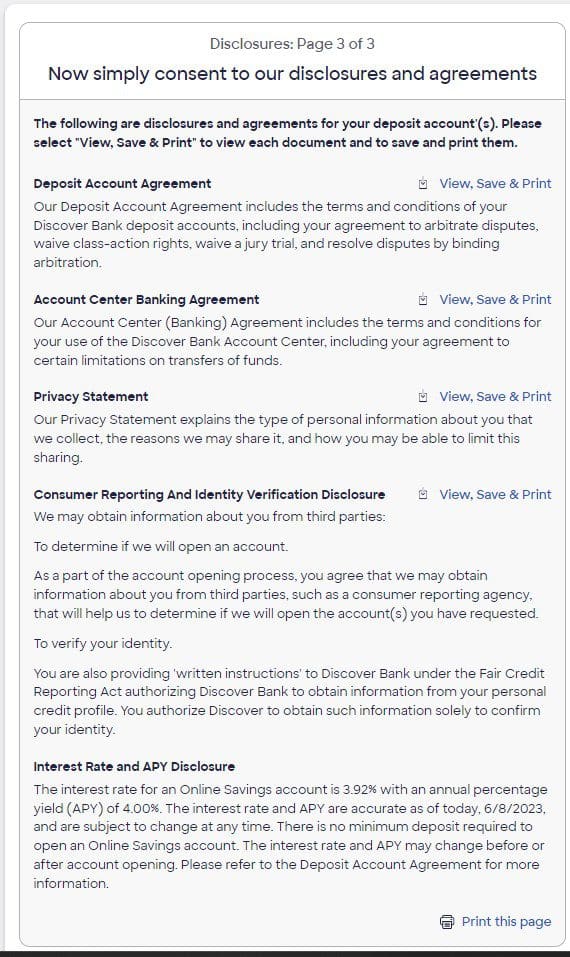 discover application disclosure and agreement
