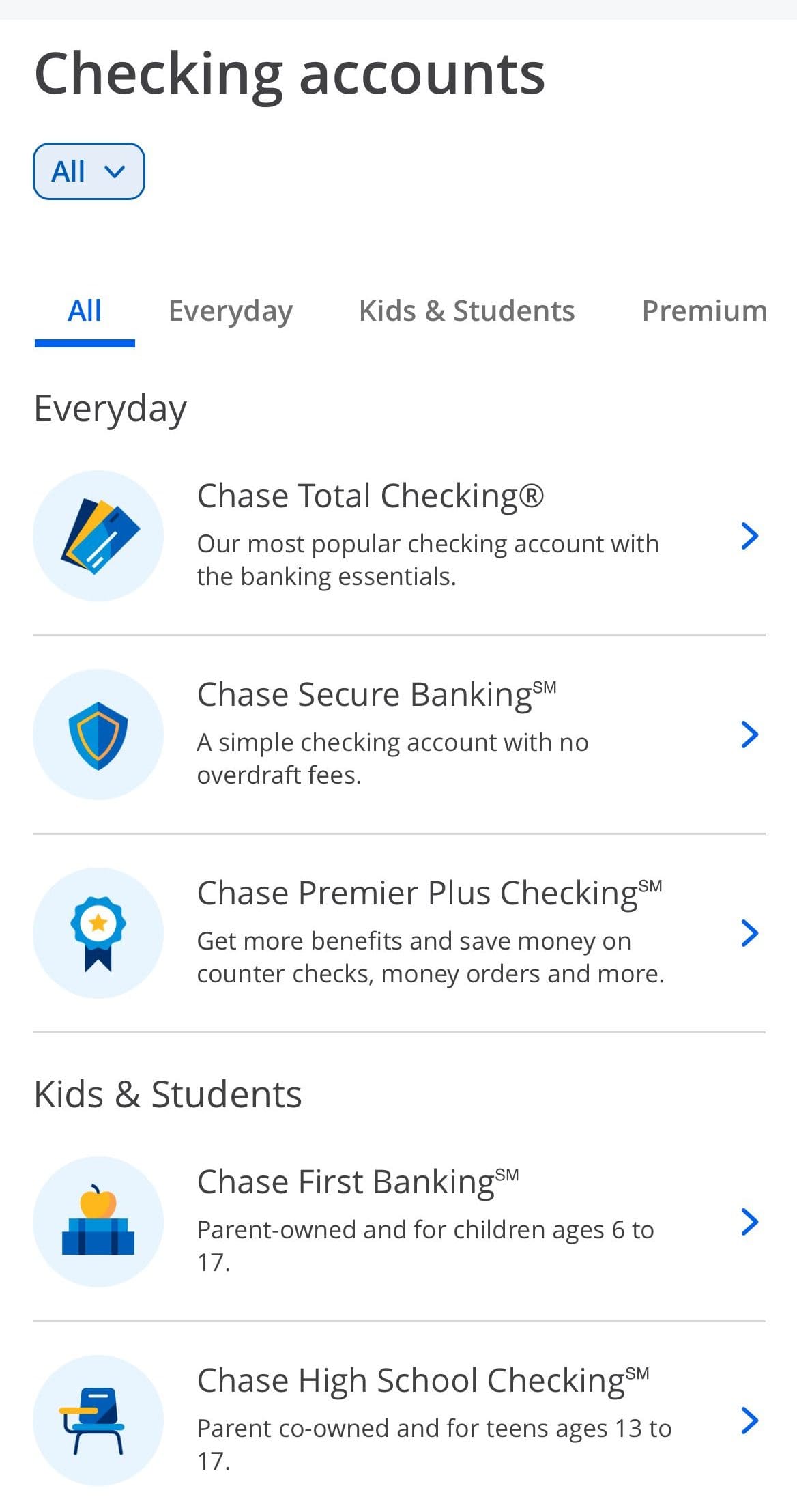 Chase compare checking accounts on app