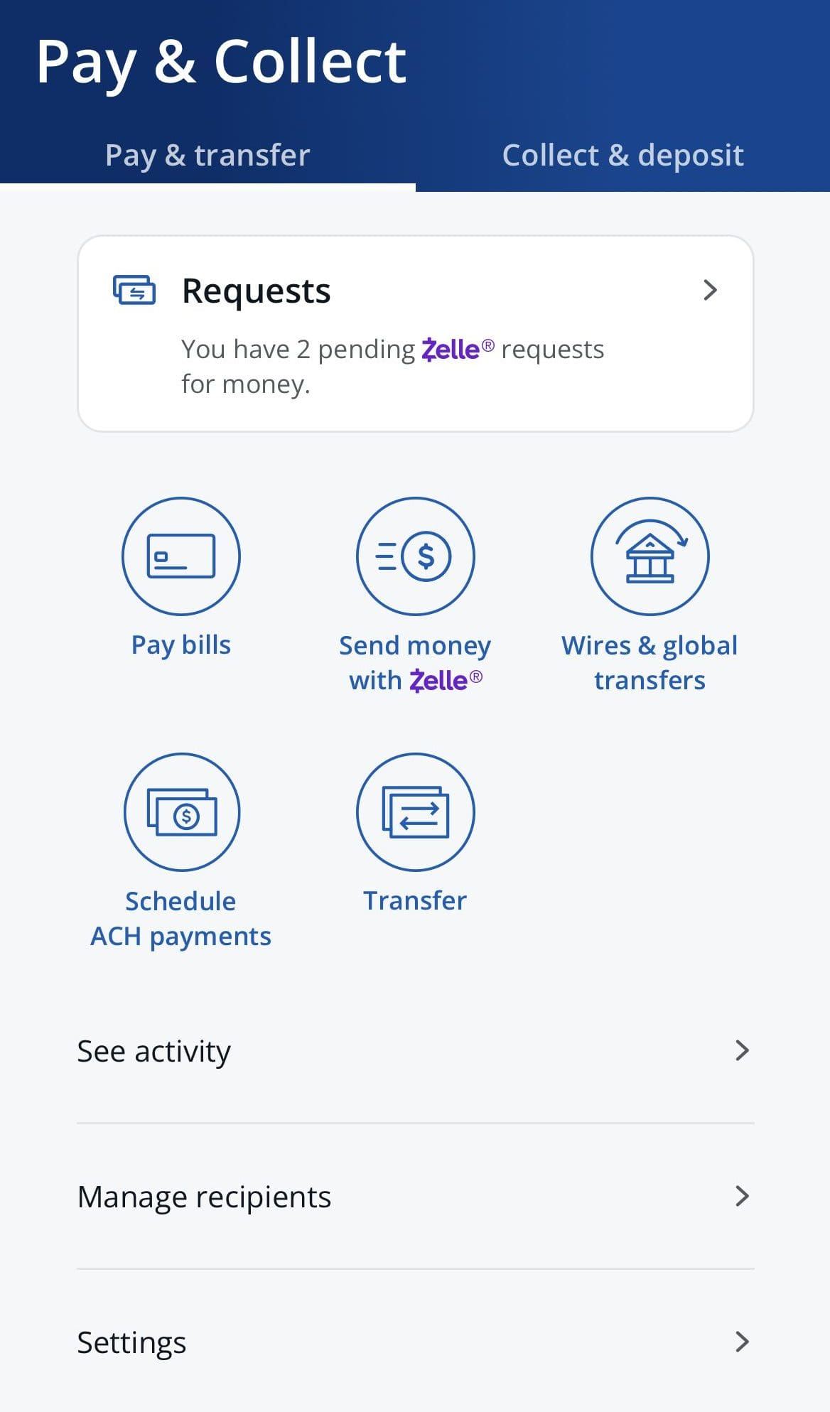 Chase pay, transfer, collect and deposit options