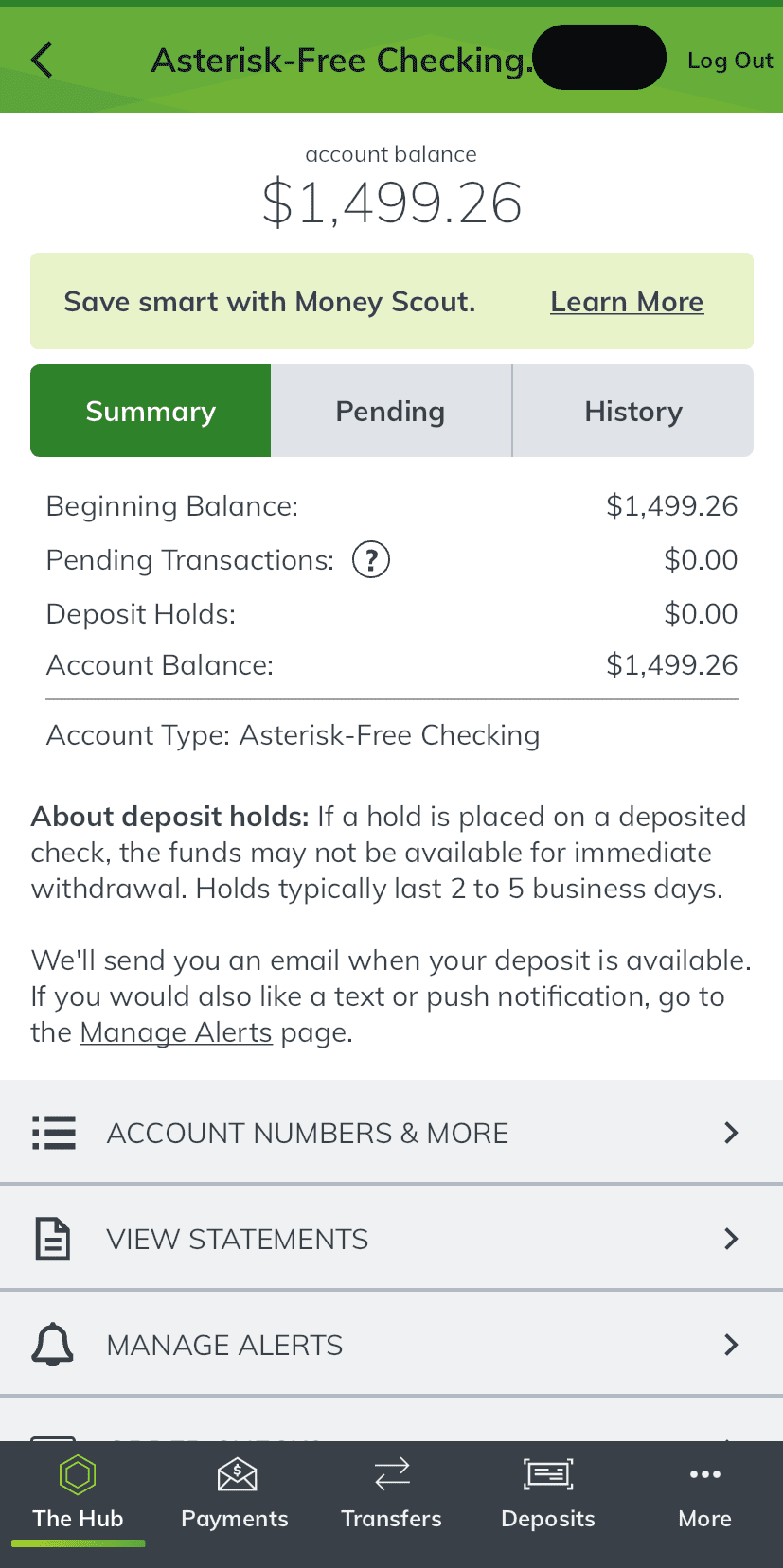 Checking account dashboard