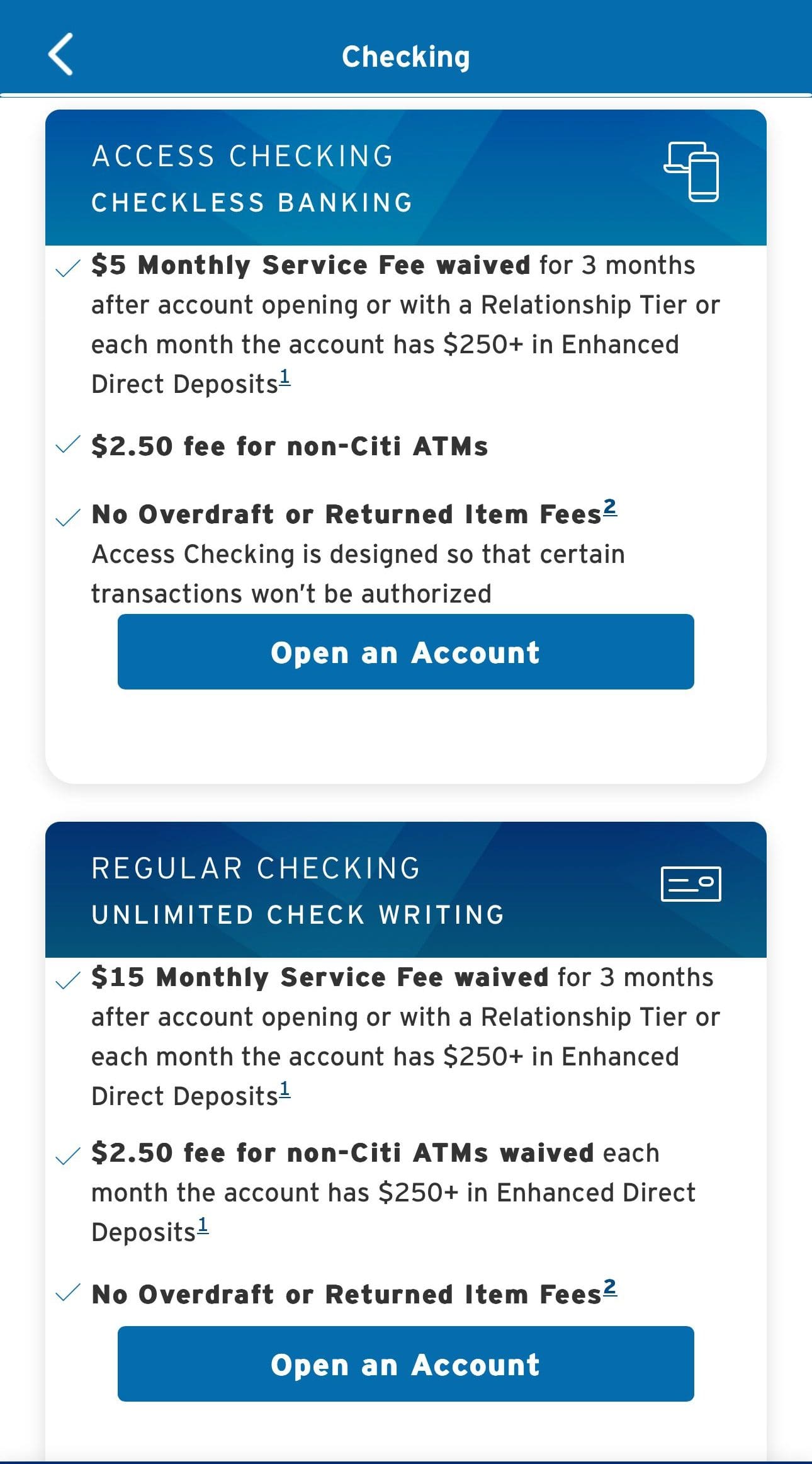 Citi Checking account options