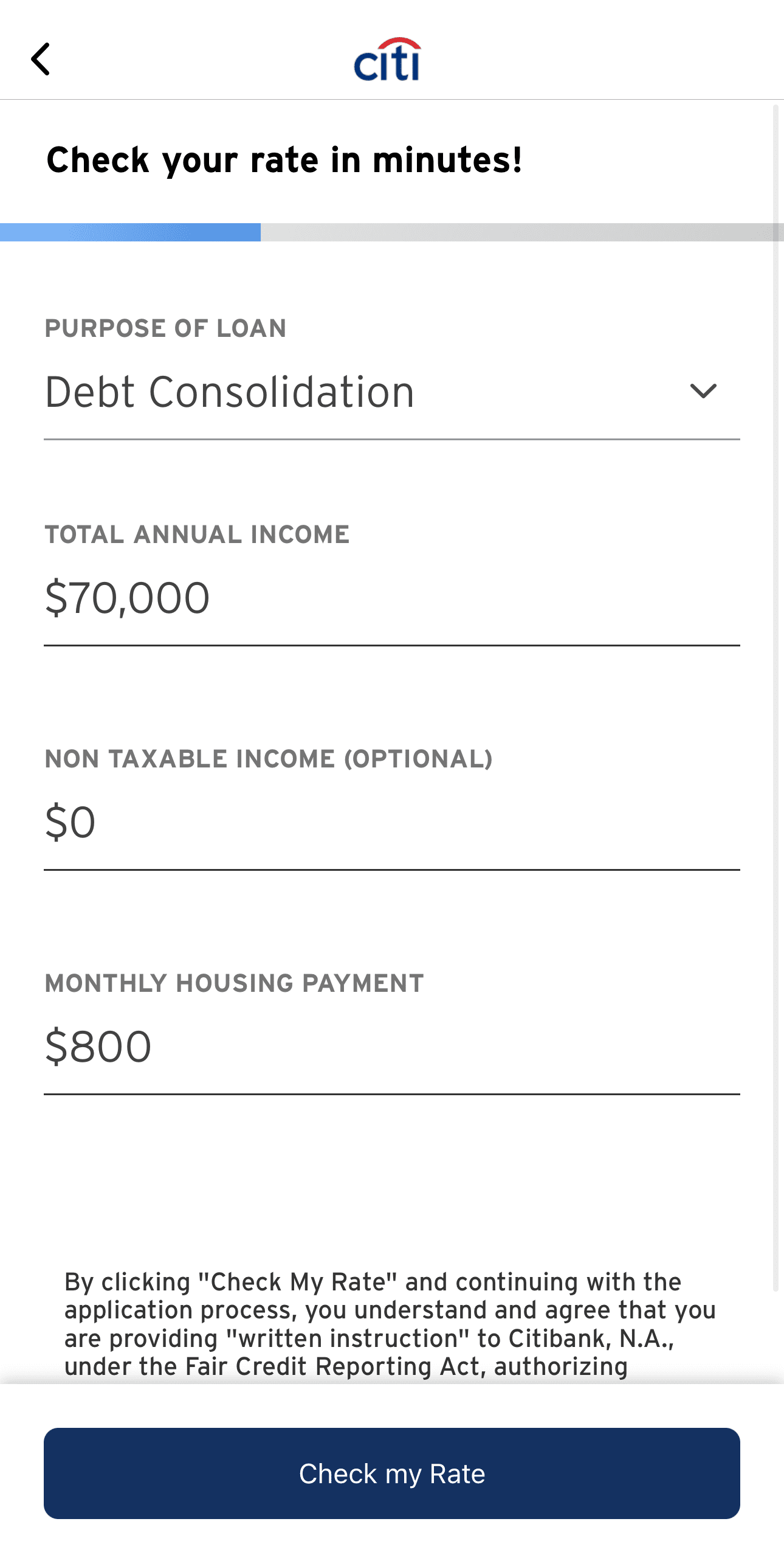 Citi personal Loan check my rate