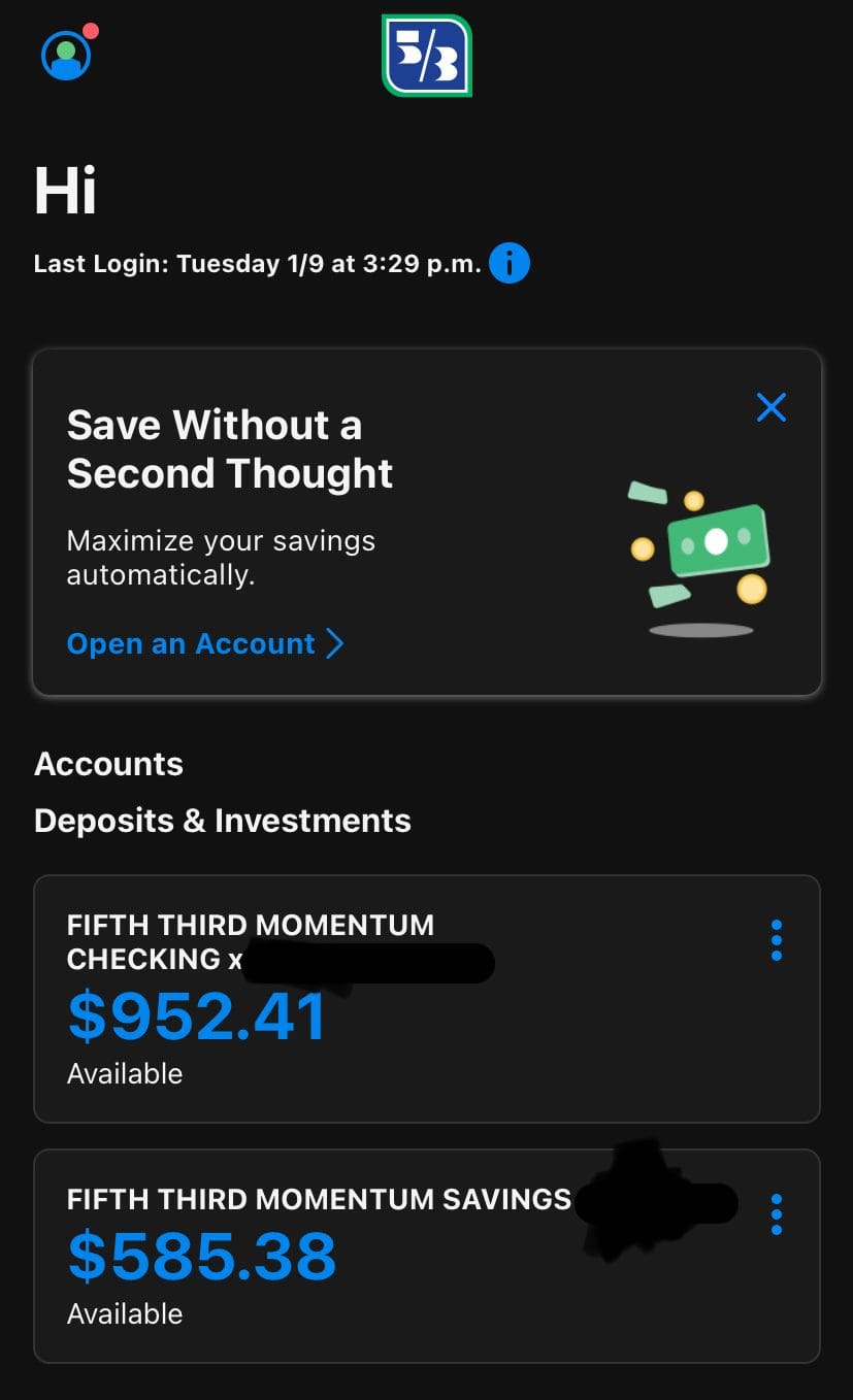 Fifth Third checking snapshot
