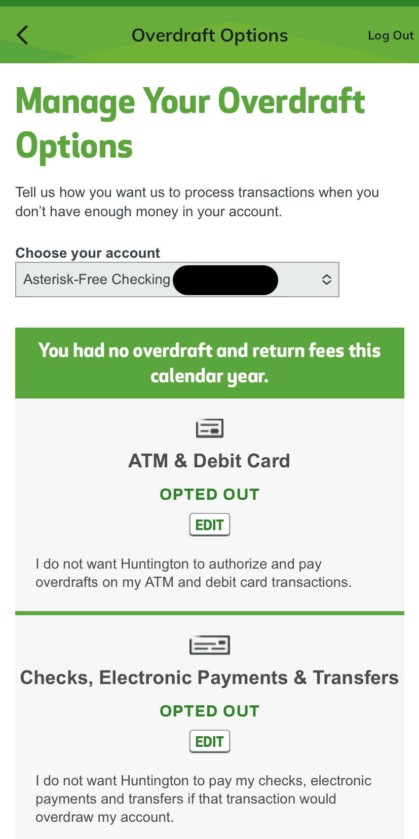 overdraft options on Huntington bank