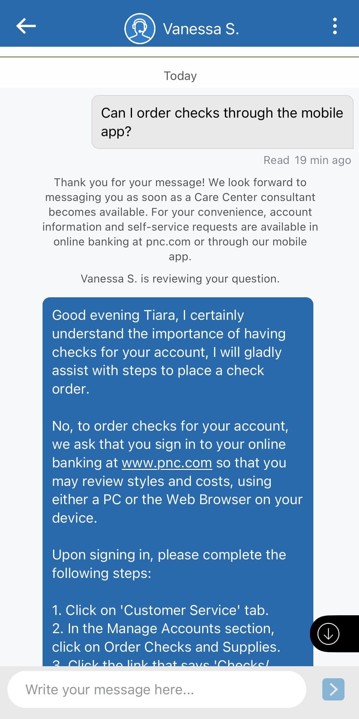Contact PNC Customer support on app