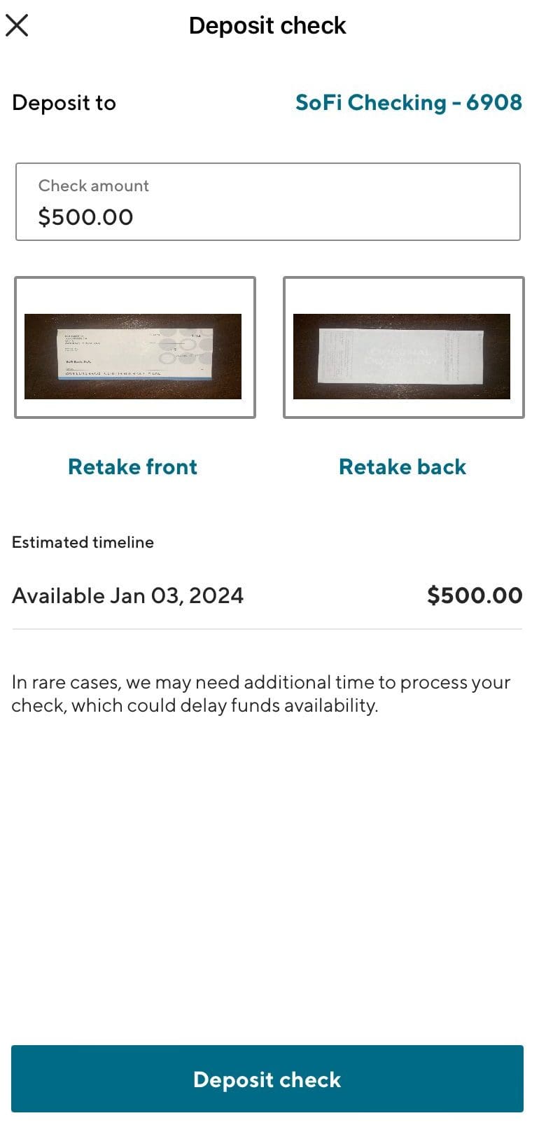 SoFi deposit check process
