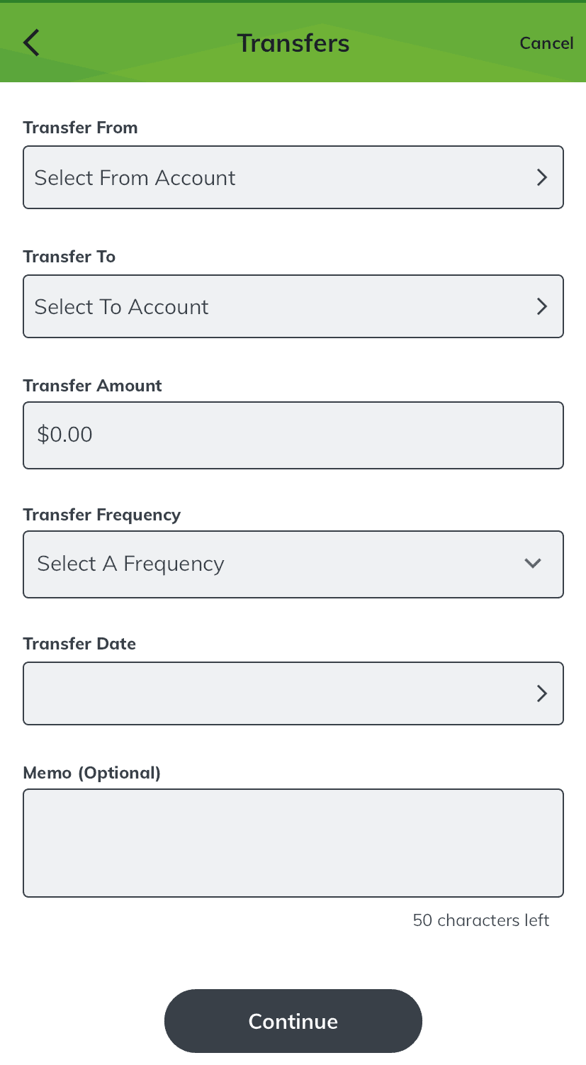 Transfer funds screen in Huntington Bank app