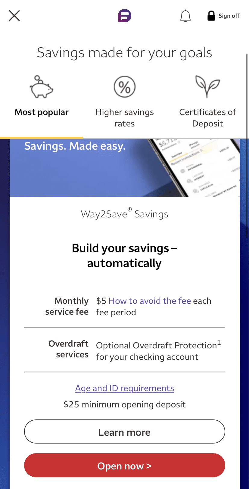 WF Open savings account
