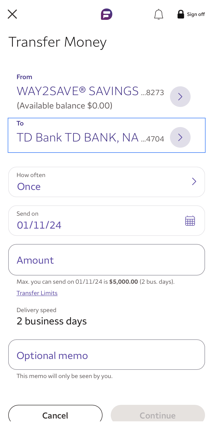 Transfer money from Wells Fargo way2save account