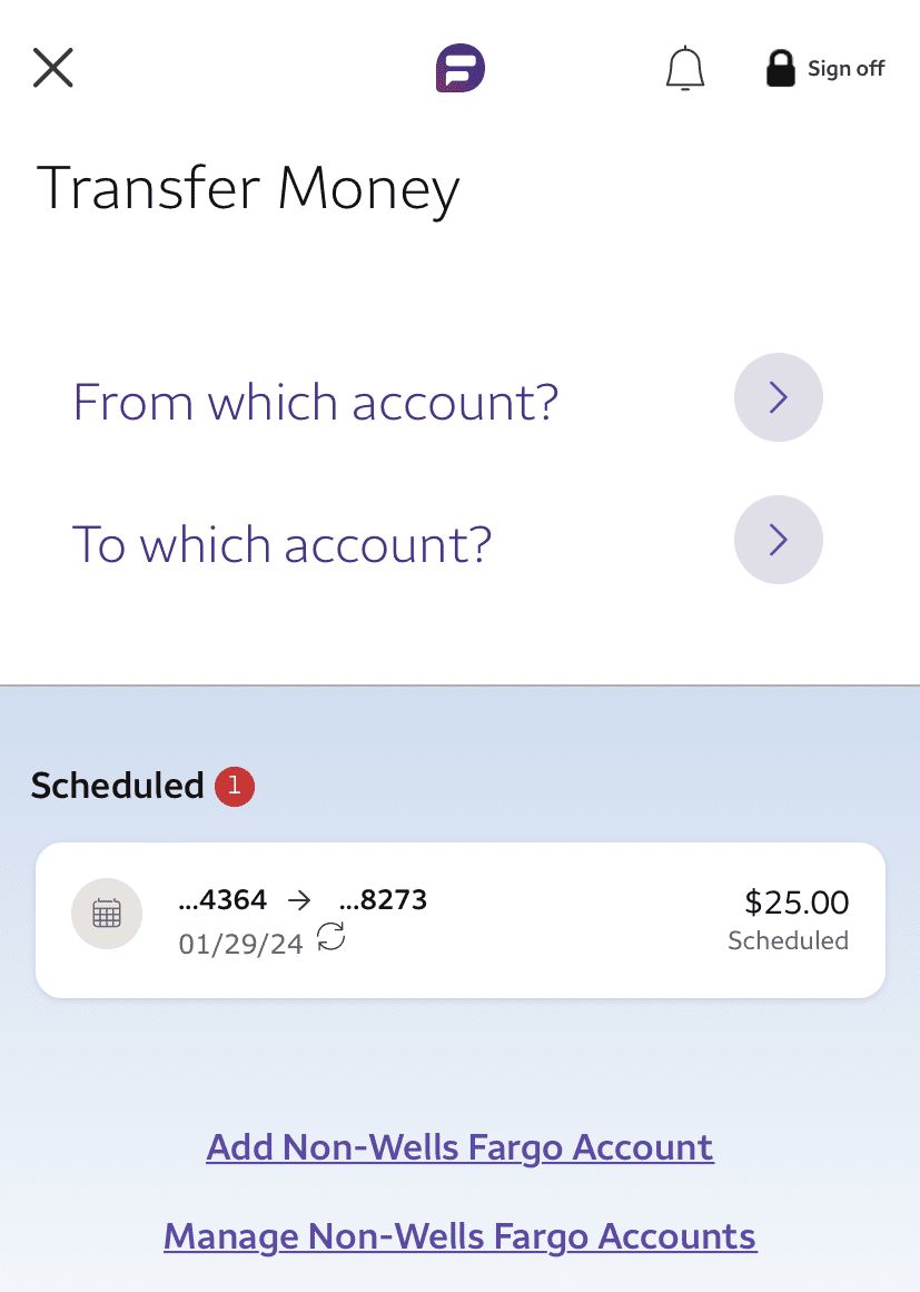 Transfer money in Wells Fargp app