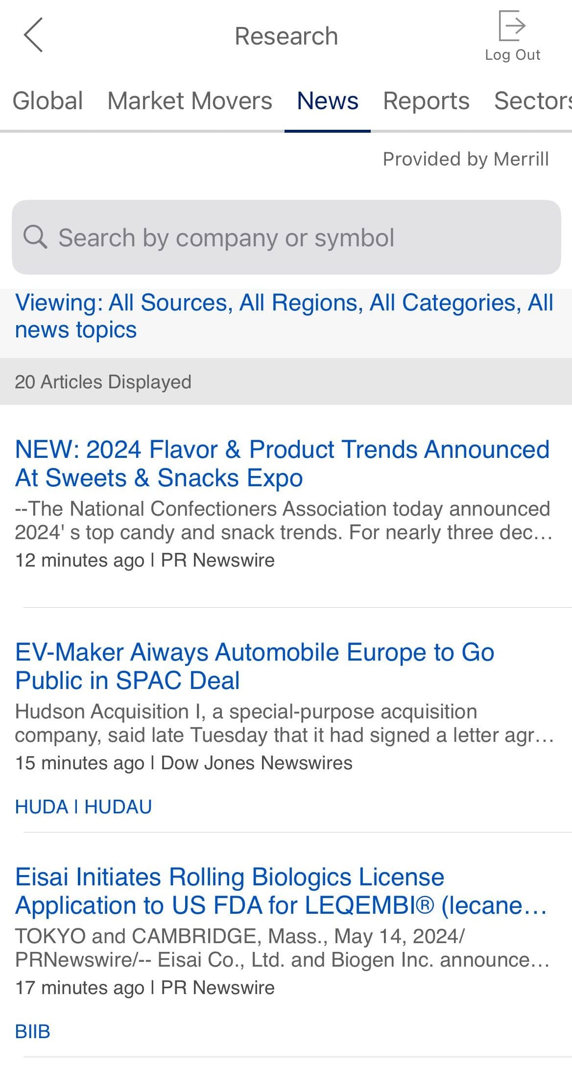 Merrill Edge research news by company